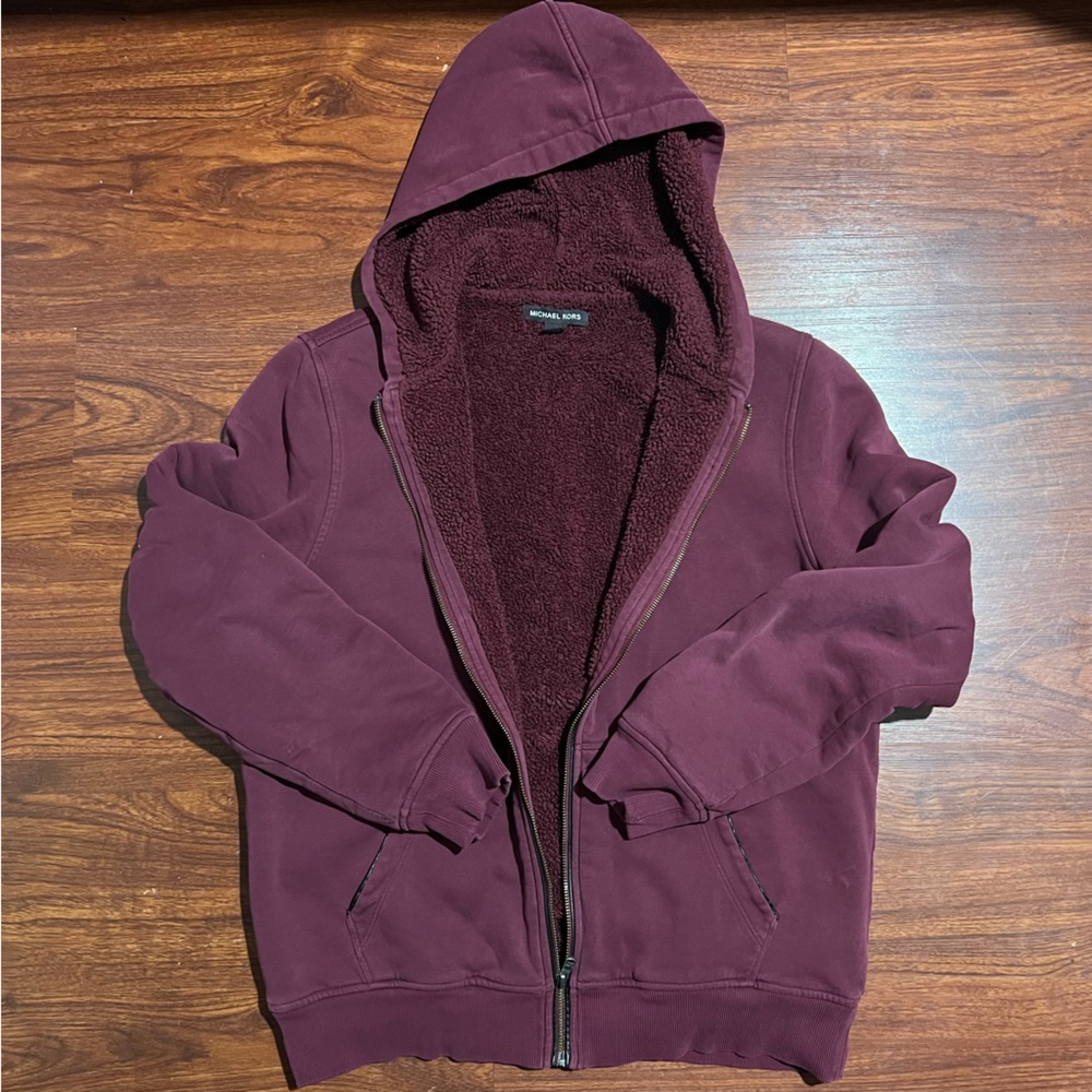 Michael Kors Burgandy Sherpa Lined Zip Up Hoodie Mens Large